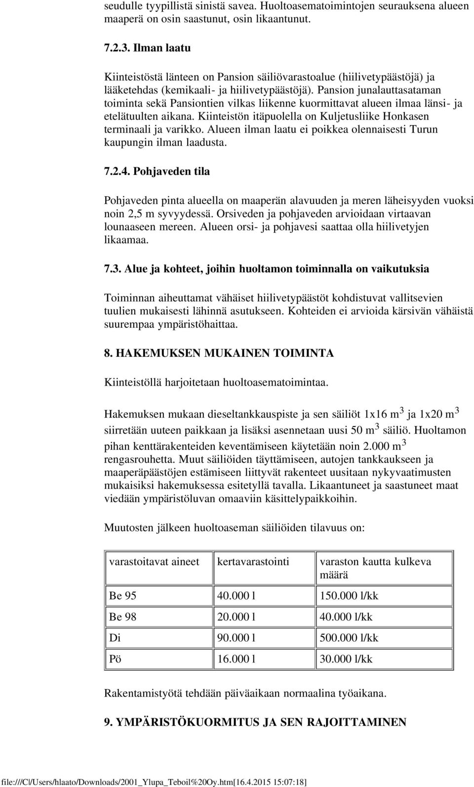 Pansion junalauttasataman toiminta sekä Pansiontien vilkas liikenne kuormittavat alueen ilmaa länsi- ja etelätuulten aikana. Kiinteistön itäpuolella on Kuljetusliike Honkasen terminaali ja varikko.