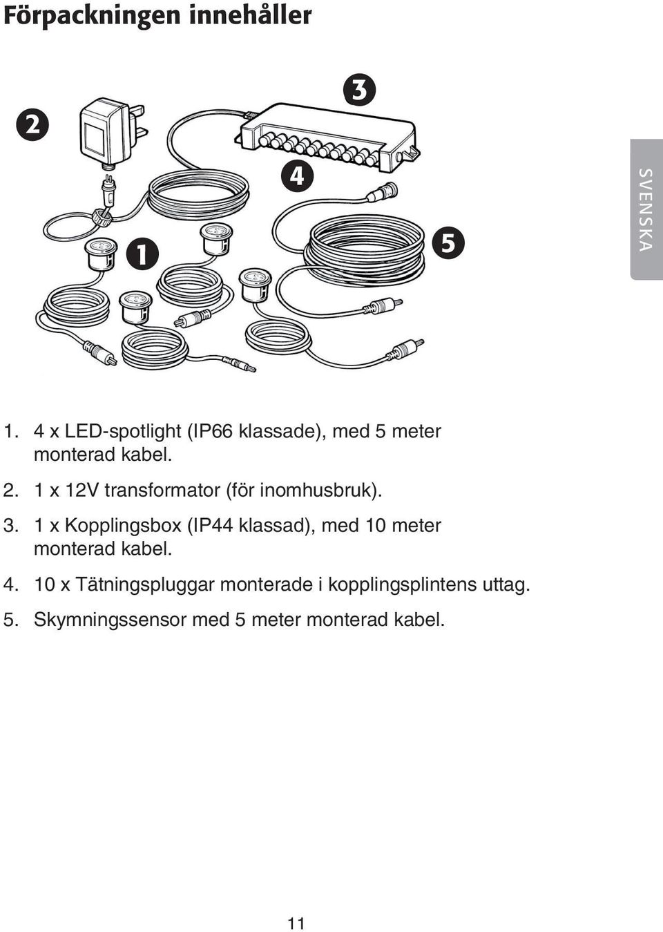 1 x 12V transformator (för inomhusbruk). 3.