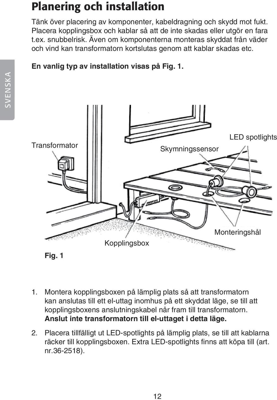 SVENSKA Transformator Skymningssensor LED spotlights Fig. 1 Kopplingsbox Monteringshål 1.