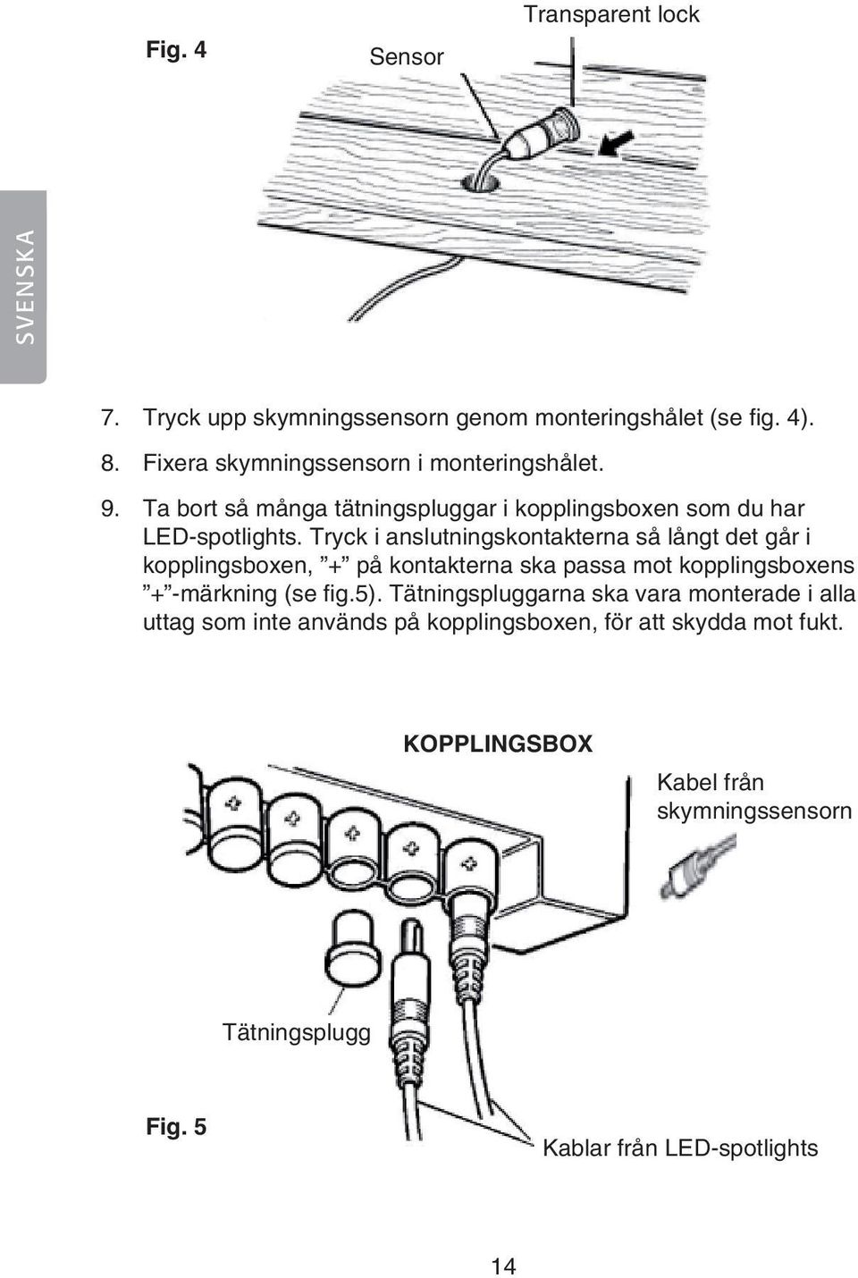 Tryck i anslutningskontakterna så långt det går i kopplingsboxen, + på kontakterna ska passa mot kopplingsboxens + -märkning (se fig.5).