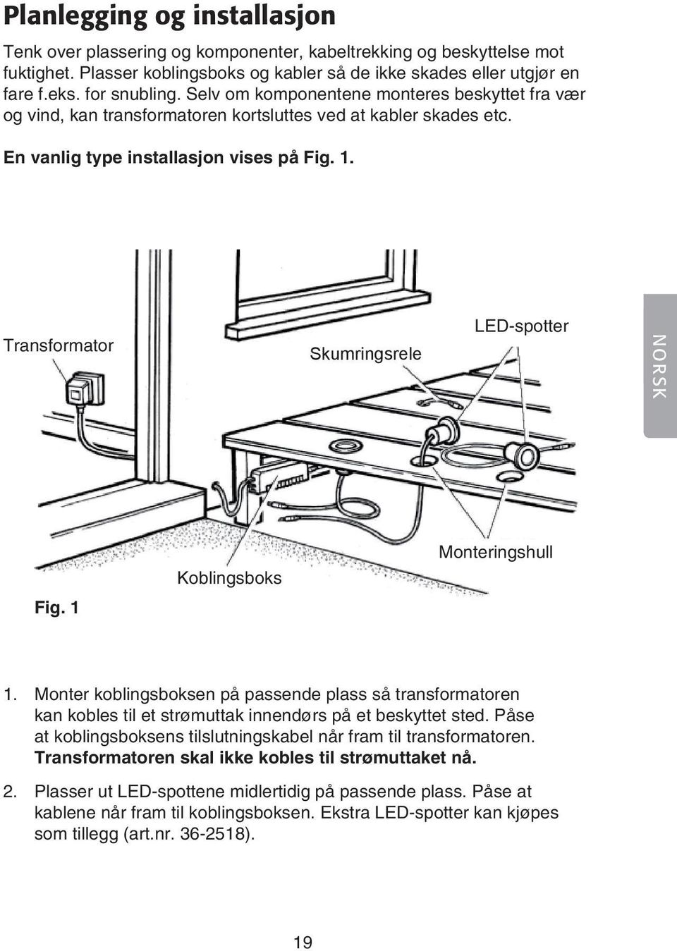 Transformator Skumringsrele LED-spotter NORSK Fig. 1 Koblingsboks Monteringshull 1.