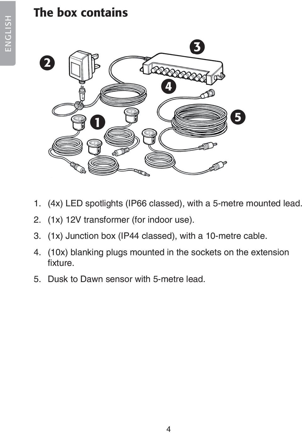 (1x) 12V transformer (for indoor use). 3.