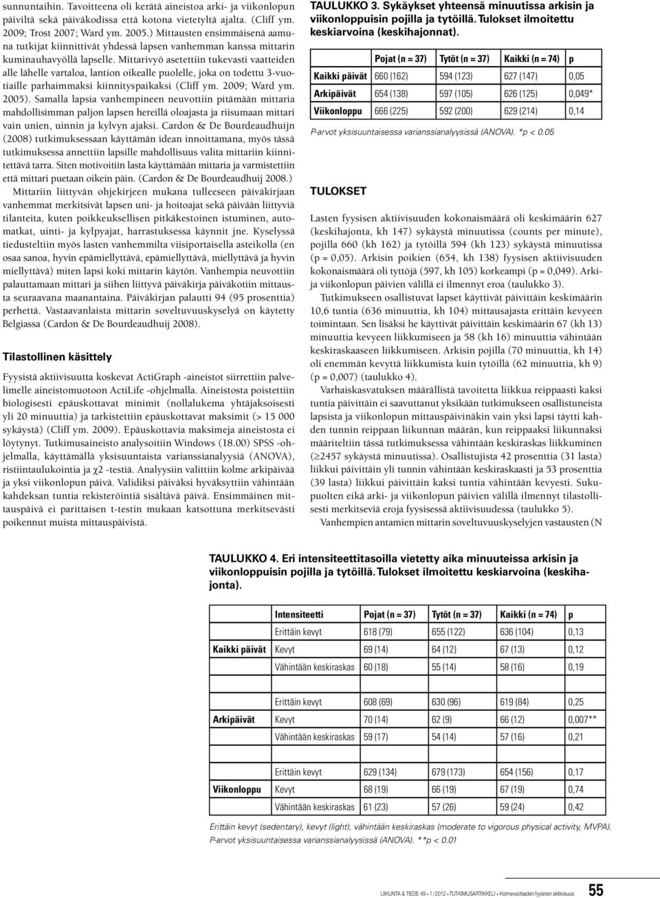 Mittarivyö asetettiin tukevasti vaatteiden alle lähelle vartaloa, lantion oikealle puolelle, joka on todettu 3-vuotiaille parhaimmaksi kiinnityspaikaksi (Cliff ym. 2009; Ward ym. 2005).