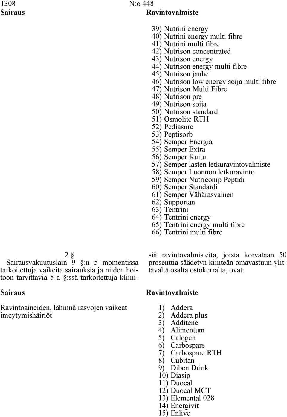 Energia 55) Semper Extra 56) Semper Kuitu 57) Semper lasten letkuravintovalmiste 58) Semper Luonnon letkuravinto 59) Semper Nutricomp Peptidi 60) Semper Standardi 61) Semper Vähärasvainen 62)