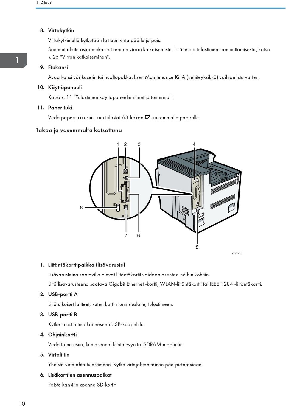 11 "Tulostimen käyttöpaneelin nimet ja toiminnot". 11. Paperituki Vedä paperituki esiin, kun tulostat A3-kokoa Takaa ja vasemmalta katsottuna suuremmalle paperille. 1 2 3 4 8 7 6 5 CQT302 1.