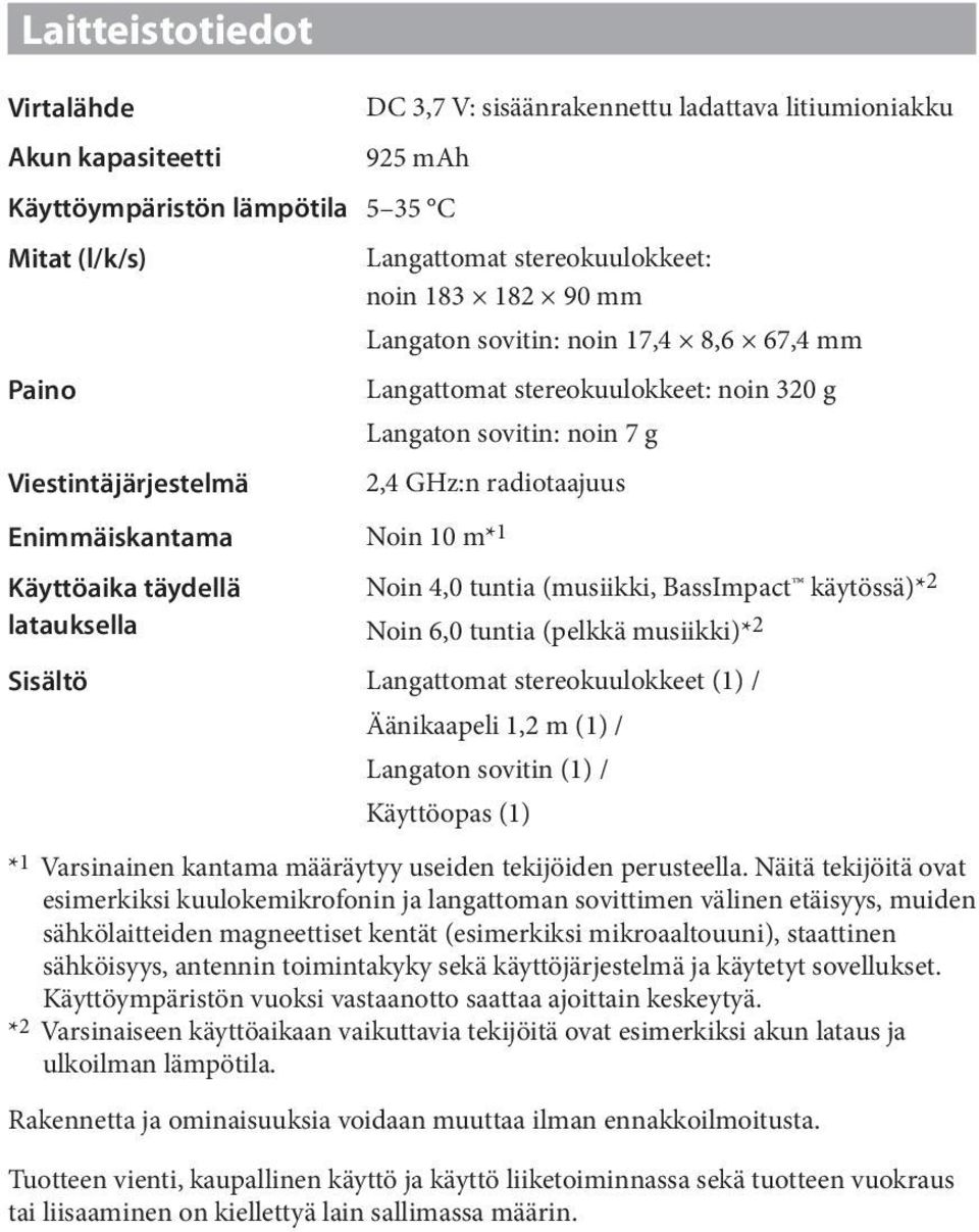 Käyttöaika täydellä Noin 4,0 tuntia (musiikki, BassImpact käytössä)* 2 latauksella Noin 6,0 tuntia (pelkkä musiikki)* 2 Sisältö Langattomat stereokuulokkeet (1) / Äänikaapeli 1,2 m (1) / Langaton