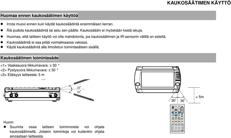 Kaukosäädintä ei saa pitää voimakkaassa valossa. Käytä kaukosäädintä alla ilmoitetun toimintasäteen sisällä.