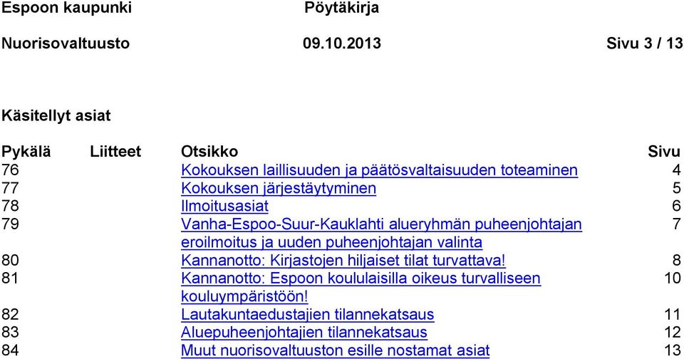 järjestäytyminen 5 78 Ilmoitusasiat 6 79 Vanha-Espoo-Suur-Kauklahti alueryhmän puheenjohtajan 7 eroilmoitus ja uuden puheenjohtajan valinta 80