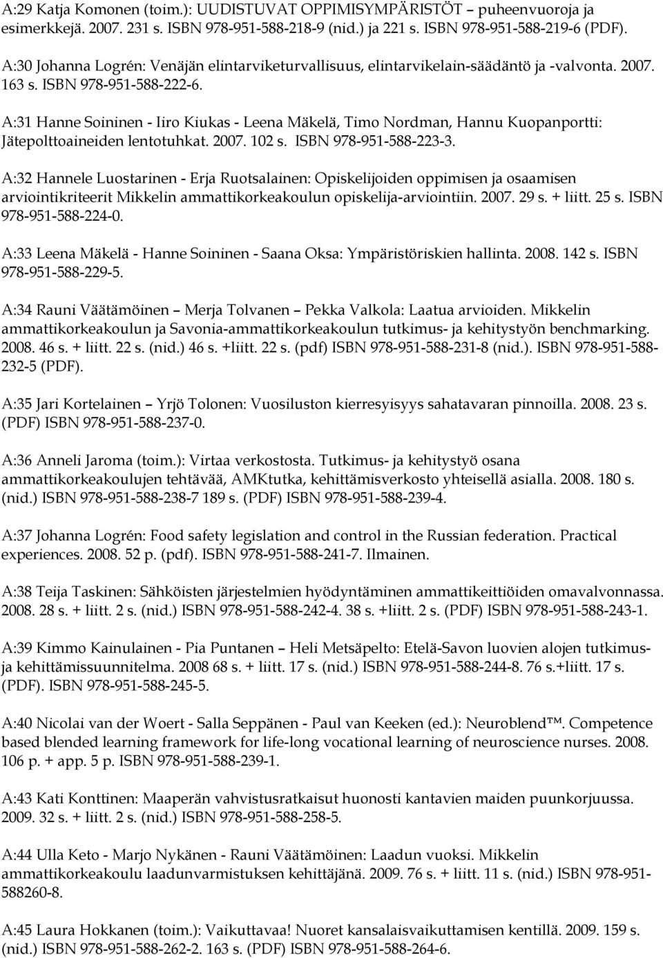A:31 Hanne Soininen - Iiro Kiukas - Leena Mäkelä, Timo Nordman, Hannu Kuopanportti: Jätepolttoaineiden lentotuhkat. 2007. 102 s. ISBN 978-951-588-223-3.