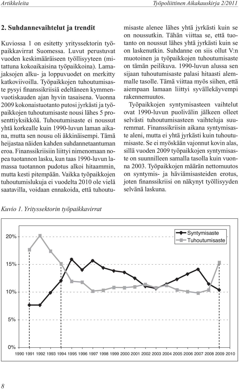 Työpaikkojen tuhoutumisaste pysyi finanssikriisiä edeltäneen kymmenvuotiskauden ajan hyvin tasaisena.