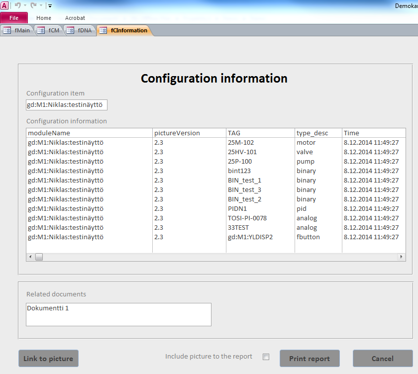 17 Valittaessa toiminto "Configuration information" kuvan 9 näkymästä avautuu kuvan 10 mukainen näkymä. Tässä näkymässä esitetään konfiguraatioyksikön tiedot ja liittyvät dokumentit.