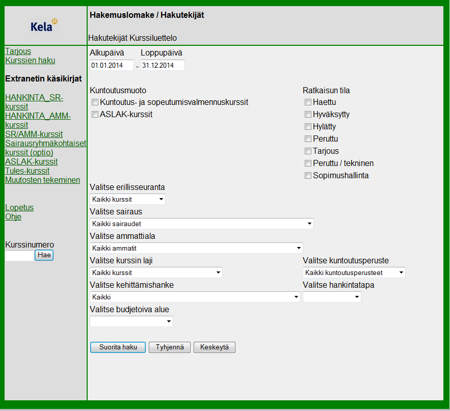 5 2 Kurssijärjestelmän kurssit 2.1 Hakutekijät Kurssien tarkistaminen ja täydentäminen aloitetaan navigointipalkissa olevilla toiminnoilla.