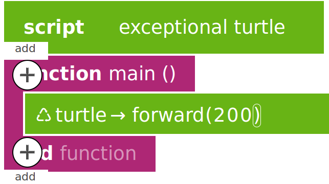 Lisätään ohjelmaan uusi kokonaan oma koodirivimme, jolla komennamme kilpikonnaa kääntymään vasemmalle. Klikataan turtle forward(200) -riviä ja painetaan alempaa vasemmalle ilmestyvistä plus-merkeistä.