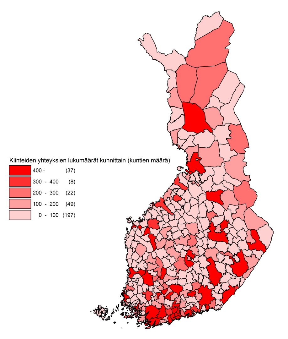 16 (41) Vastaavasti seuraavasta kartasta näkyy kuinka paljon teleyrityksillä on kiinteitä yhteyksiä kunnittain.