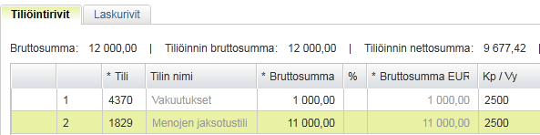 Uusi lasku tarkastettavaksi Tiliöinti ja kulujen jaksotus: Laskun kuluja on mahdollista jaksottaa useammalle eri kuukaudelle (Huom! summaltaan vähämerkityksisiä kuluja on tarpeetonta jaksottaa).