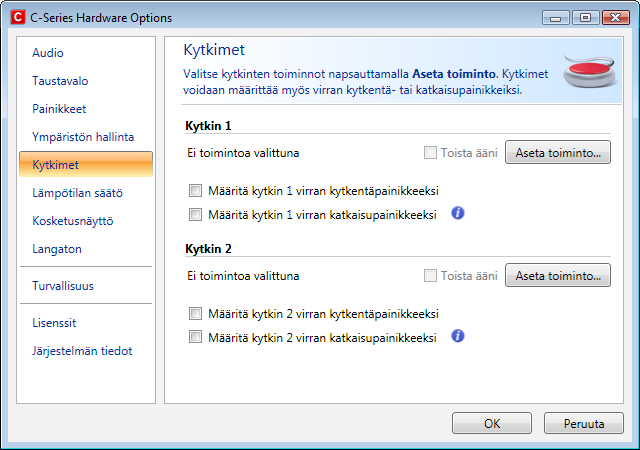 5.3 Kytkimen määrittäminen virran kytkentään tai katkaisuun 5.3.1 Kytkimen määrittäminen virran kytkentään Kytketyn kytkimen määrittäminen laitteen virran kytkentään: 1.