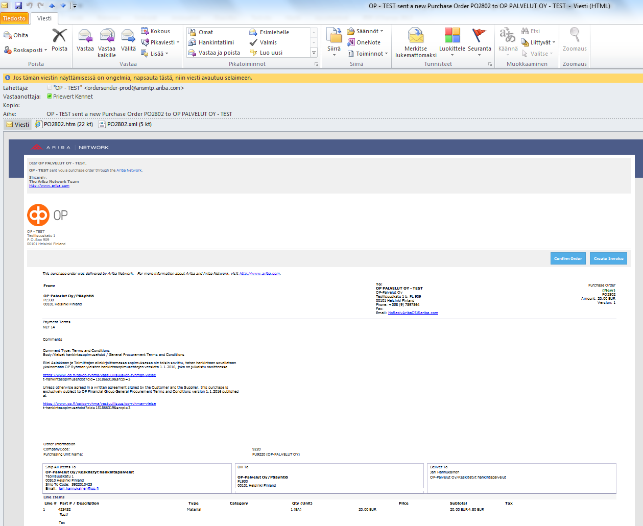 Interactive email Tilaus on erillinen sähköposti (tilaus myös liitteenä xml. sekä htm.