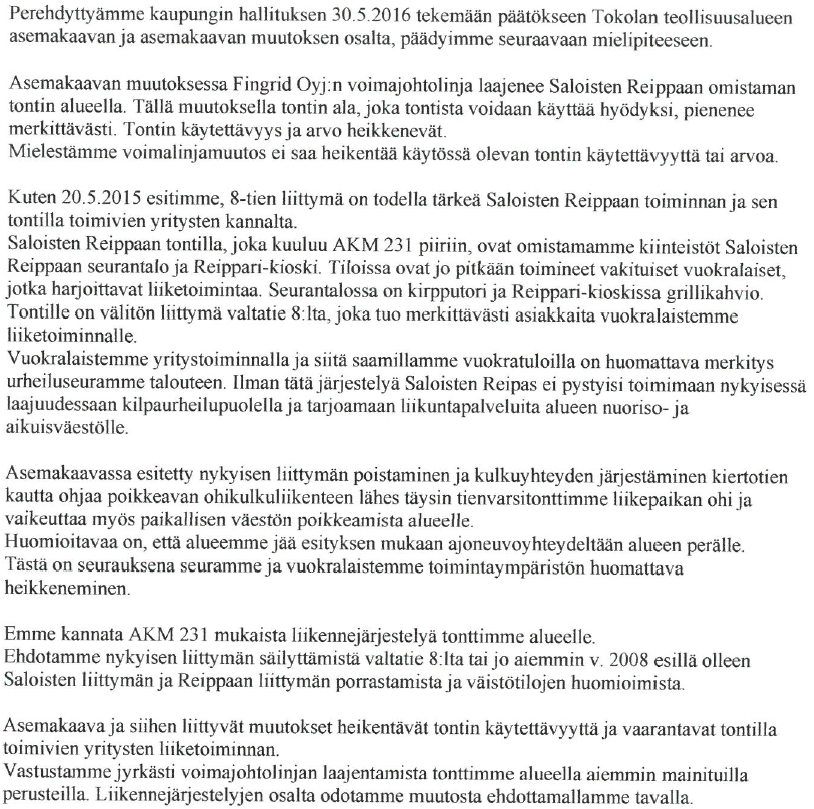 Tokolan teollisuusalueen asemakaavaehdotus kolmannen ehdotusvaiheen palaute 4 Saloisten reipas ry, puheenjohtaja Petri Tuominen, 4.7.