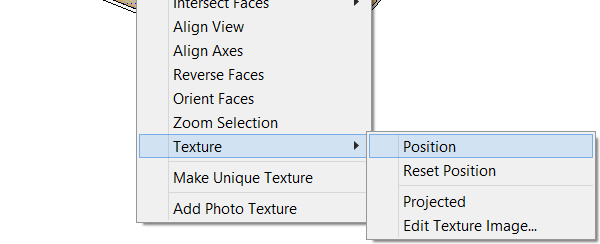 Sketchup-pikaopas 15 MATERIAALIN SKAALAUS JA KÄÄNTÄMINEN Pintaan kiinnitettyä materiaalia voit kääntää ja skaalata napsauttamalla pinnan päällä hiiren oikeaa ja valitsemalla Texture > Position.