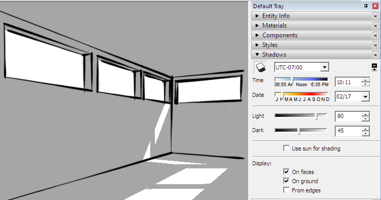 Sketchup-pikaopas 17 VARJOT Voit käyttää varjoja antamaan syvyysvaikutelmaa malliin. Avaa Default Tray -työkalukokoelmasta vaihtoehto Shadows (Mac: Window > Styles).