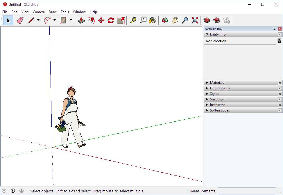 Sketchup-pikaopas 4 KÄYTTÖLIITTYMÄ (WINDOWS) Lisanne auttaa hahmottamaan mittasuhteita. Työkalukokoelma eli Tray tulee oletuksena esille Windows-versiossa. Tilarivi: toimintoihin liittyviä ohjeita.