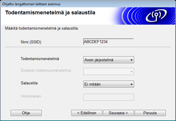 Laitteen määritys langatonta verkkoa varten 7 Kirjoita uusi SSID-tunnus Nimi (SSID) -kenttään ja valitse sitten Seuraava.