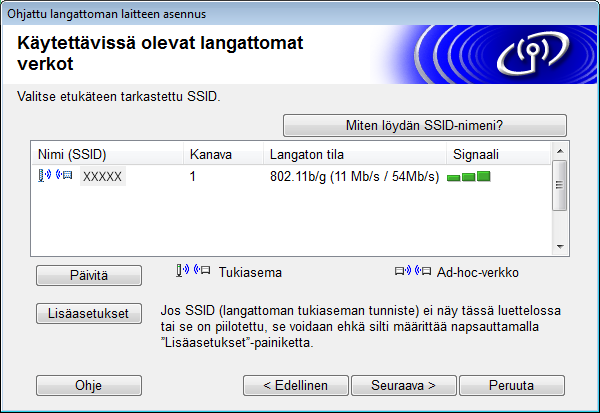 Laitteen määritys langatonta verkkoa varten 5 Kun näkyviin tulee seuraava näyttö, tee jokin seuraavista: Valitse Kyllä, jos haluat käyttää näytössä olevaa SSID-tunnusta, valitse Seuraava ja siirry