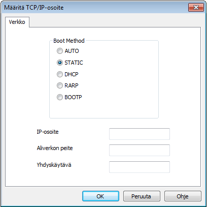 Verkkoasetusten muuttaminen 4 Valitse STATIC-vaihtoehto Boot Method