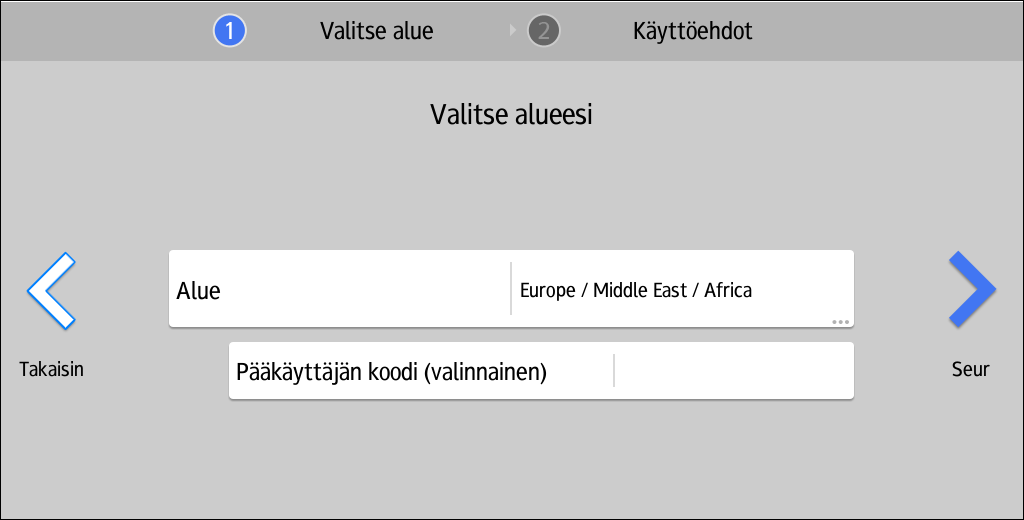 1. Asetukset Asetusten määrittäminen, kun sivustoa käytetään ensimmäistä kertaa Jos käytät sovellussivustoa ensimmäistä kertaa, määritä seuraavat asetukset: Määritä alue Määritä pääkäyttäjän koodi