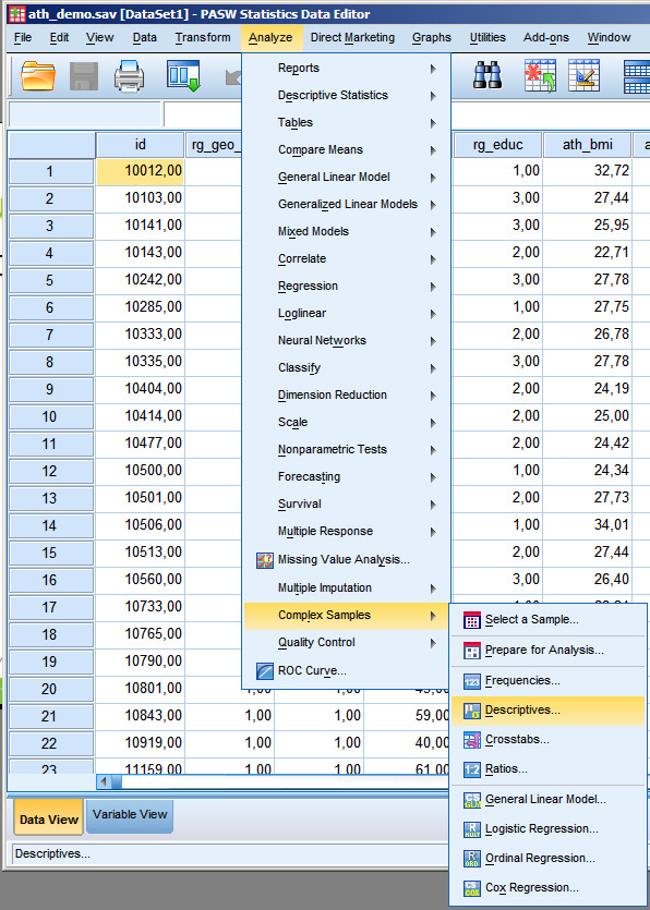 Kuvailevat tunnusluvut Analyze -> Complex Samples - > Descriptives Valitse luomasi plan-file Measures = kuvailtavat muuttujat Subpopulations = minkä