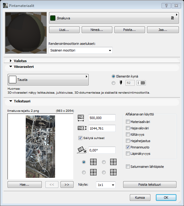 21 4.2.3 Ilmakuvan lisääminen maastoon Maastonpinnan visuaalista näyttävyyttä voidaan helposti parantaa lisäämällä sen päälle tekstuurina ilmakuva alueesta.