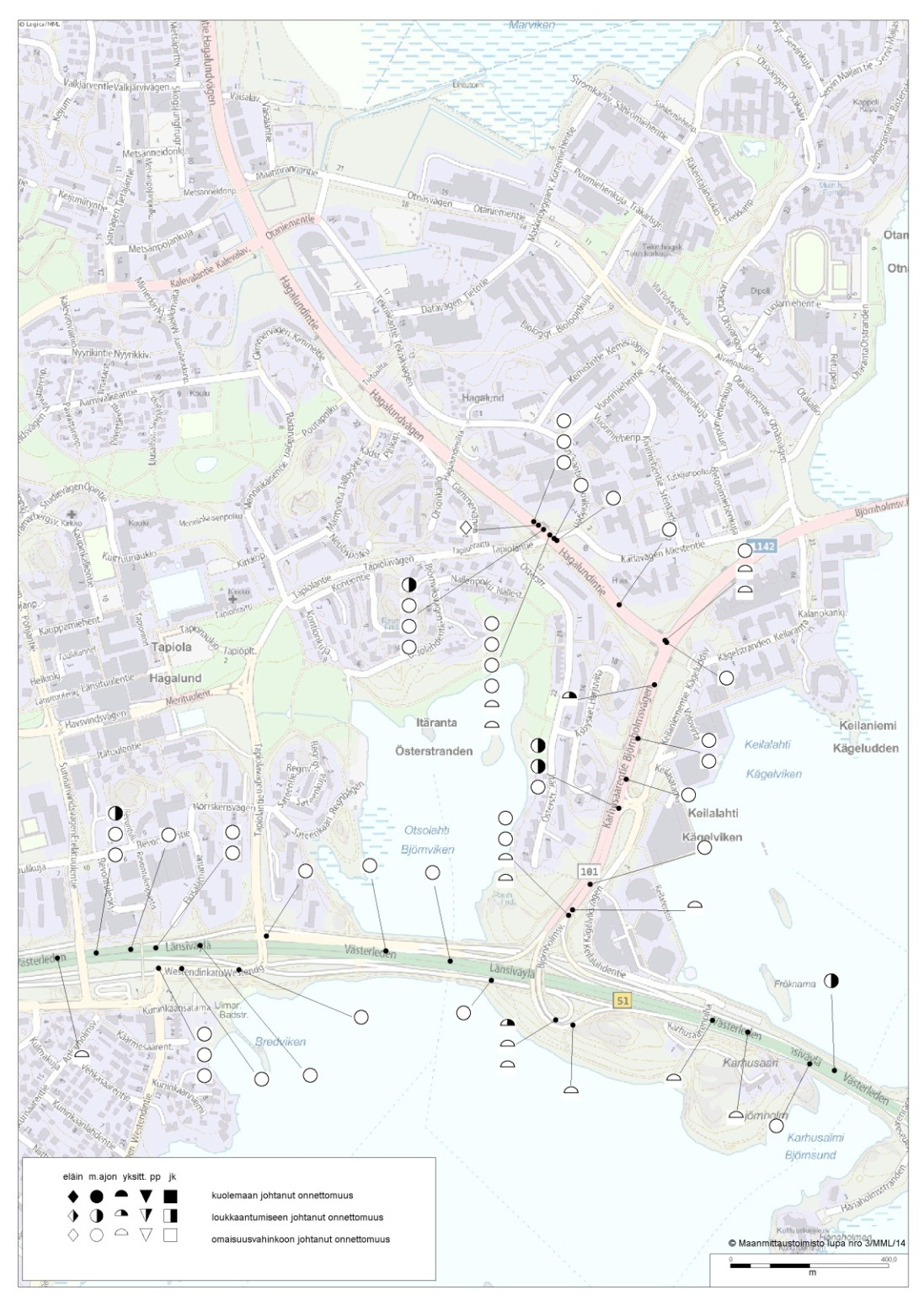 7 (40) lisuustilanteessa on ollut hidas paraneva trendi. Seuraavassa kuvassa on esitetty liikenneonnettomuustiedot vuosilta 2010 2013. Kuva 2. Onnettomuusrekisterin mukaiset liikenneonnettomuudet v.