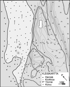 Kuva 1. Utsjoki Mávdnaáv i 2, kaivausalueen yleiskartta. Karttaan on merkitty kuvassa 2 esitetty 52m² kaivausalue. Korkeuskäyrät on merkitty 20 cm välein. Kartoitus: M. A. Manninen & E. Hertell.