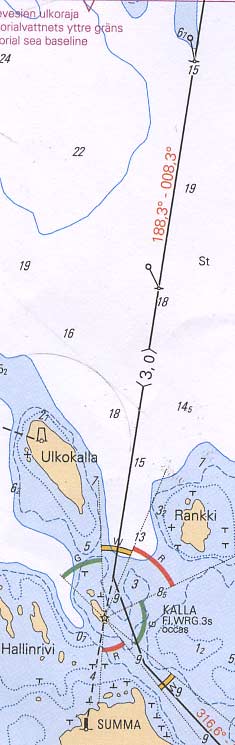 Tehtävä 6. Saavut matkareittisi poikki kulkevalle 3,0 metrin väylälle paikassa 63 58,6 P 26 04,8 I. Väylän linjamerkit ovat Kallassa ja Summassa.