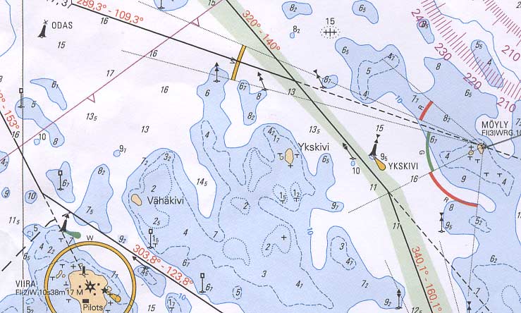 Tehtävä 4. 8 Tarkistat ODAS-poijun sijainnin käsisuuntimakompassillasi suuntimalla Möylyn sektoriloiston ja Viiran merimajakan.