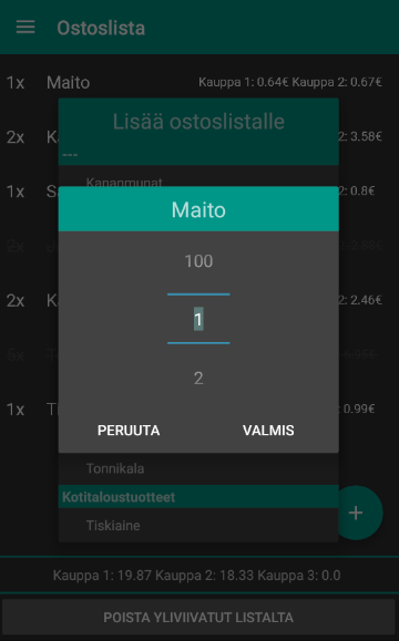 22 Kuva 15 Ostoslista-näkymä Ostoslistalle lisätään tuotteita painamalla oikeassa alakulmassa olevaa + nappulaa.