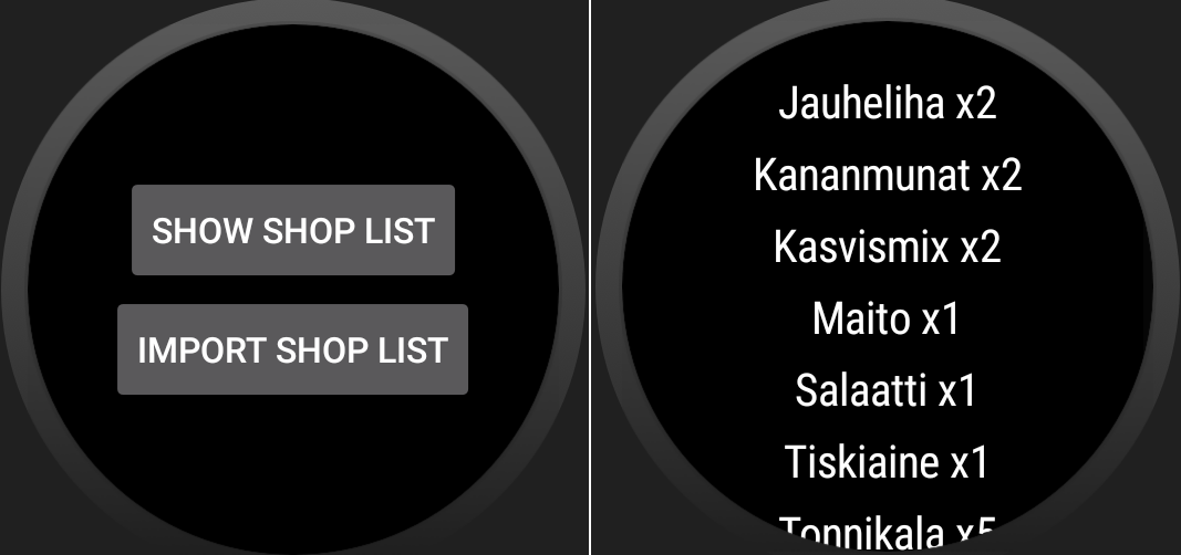 23 Kuva 16 Android Wear WearableListView (Creating Lists, 2016) Tuon valmiiksi määritellyn listan koon takia päädyttiin käyttämään toista ratkaisua, jossa ei käytetä kosketusta.