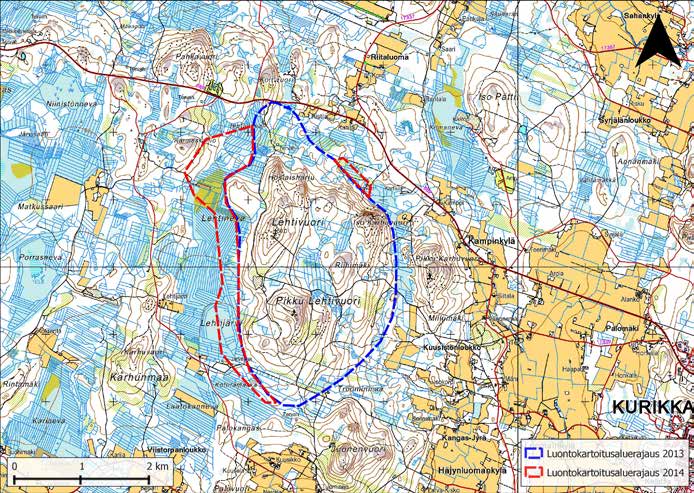 Kuva 1. Lehtivuorten selvitysalue (punainen katkoviiva) sekä vuonna 2013 inventoitu alue (sininen katkoviiva).