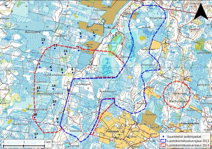 Kuva 2. Matkussaaren suunnitellut turbiinipaikat (siniset pallot). turbiinikohtaiset kasvillisuuskuvaukset Tässä osiossa esitetään jokaisen suunnitellun turbiinipaikan kasvillisuus.