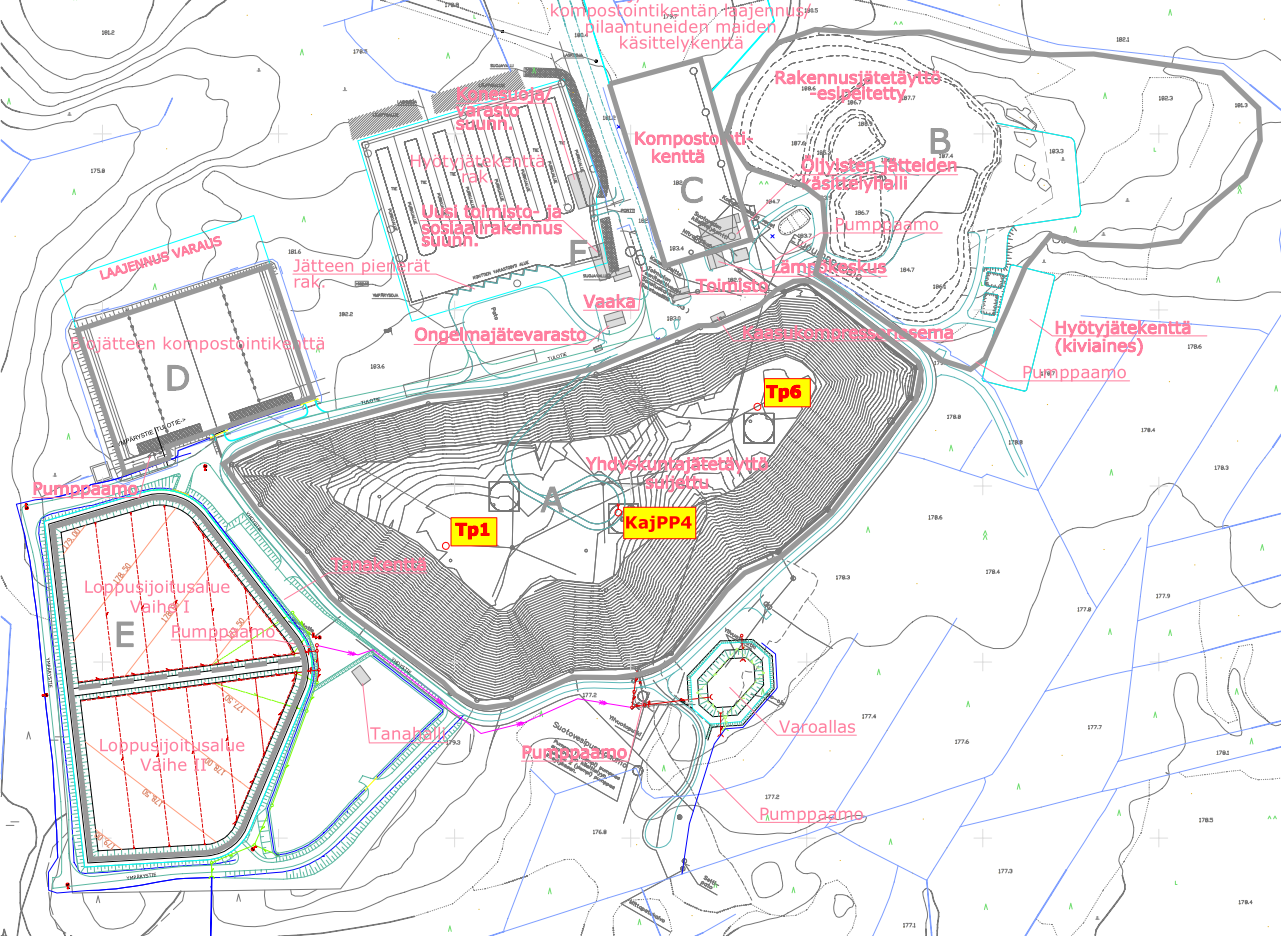 4.. Kaatopaikan sisäisten vesien tarkkailu Kaatopaikan (loppusijoitusalue I sisäisiä vesiä tarkkaillaan havaintopisteestä KajPP4 sekä sisäisen vedenpinnan korkeuden mittauspisteistä.