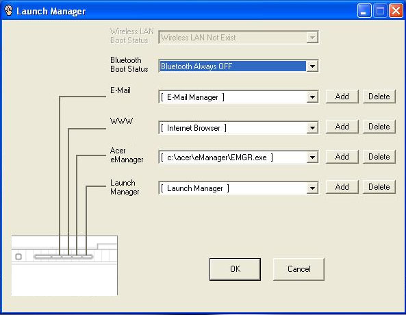63 Launch Manager Acer Launch Manager -ohjelman avulla voit määritellä ohjelmoitavat näppäimet sekä mail-, Web browser että Empowering ja P-näppäimet.