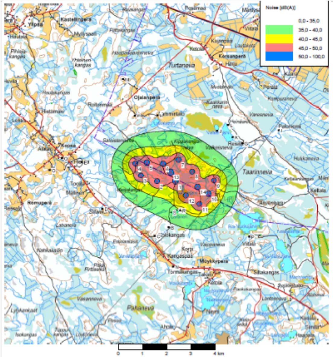 Tuulipuiston aiheuttamat äänenpainetasot on esitetty vyöhykkeinä kartalla kuvassa 5.