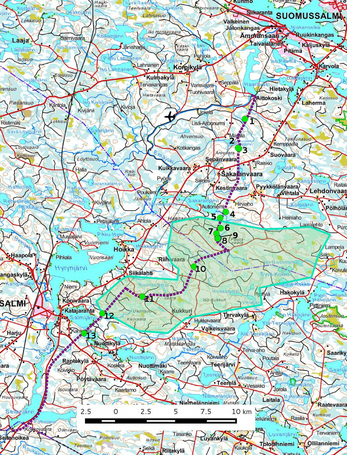 0 7. Yleiskartta Kartta 6. Yleiskartta kohteista 3. Voimajohdon linjaus violettina pisteviivana.