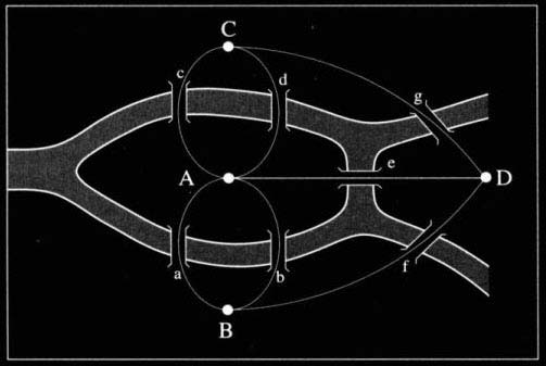 Kuva 1: Könisbergin seitsemän siltaa.[3] 1 Graaen teoriaa Graateoria tutkii graaen eli verkkojen ominaisuuksia. Graat ovat matemaattinen tapa kuvata eri asioiden suhteita.