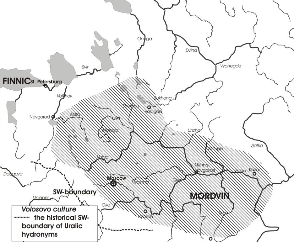 map 5. The Ljalovo culture (circa 5000 3650 BC) between the much later traditional areas of Finnic and Mordvin speakers (?