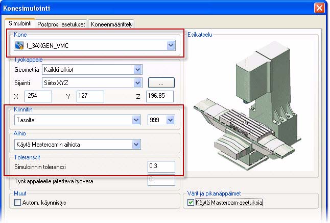 60 SIMULOINTI VAIHTOEHTOISILLA KIINNITTIMILLÄ Huomaa: Konesimulointi ei tue piirrepohjaisen työstön ei-liikkuvia, valmistelevia operaatioita.