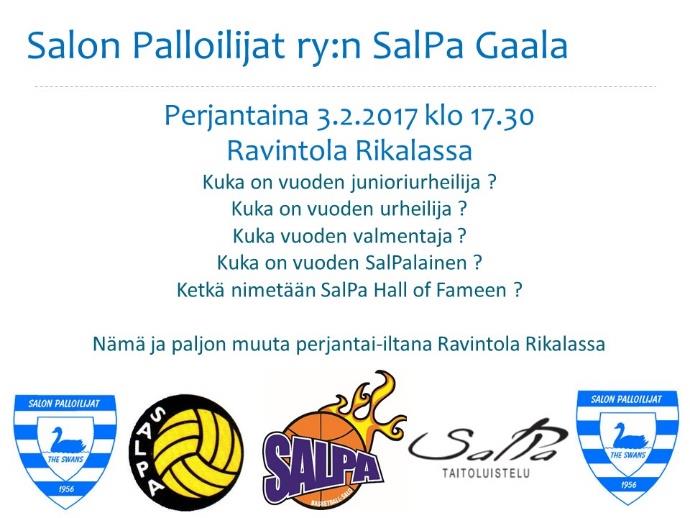 Salon Palloilijat ry:n perhe on saanut ison huomionosoituksen, olemme arvioitu Suomessa viiden parhaan urheiluseuran joukkoon. Jokavuotinen SalPa Gaala 3.2.2017 Ravintola Rikalassa.