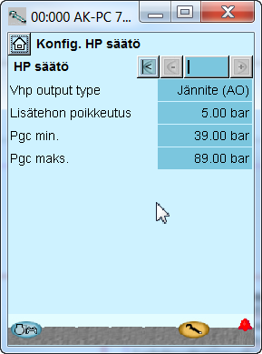 Konfigurointi - jatkoa Aseta Korkeapainesäätö 1. Mene konfigurointivalikkoon 2. Valitse HP control (korkeapaineen säätö) 3. Aseta säätöarvot Asetukset näkyvät tässä näytöllä.