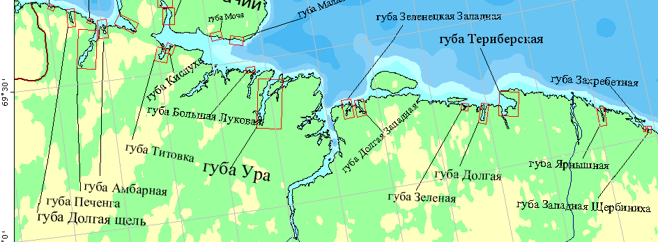 Joitakin potentiaalisia vesialueita, jotka soveltuvat vesieliöiden kasvatukseen ruuaksi Malonemetskaya Zapadnaya Maatti Ozerko Muotka Barentsinmeri Bazarnayac Kalastajasaarento Malaya Korabel naya