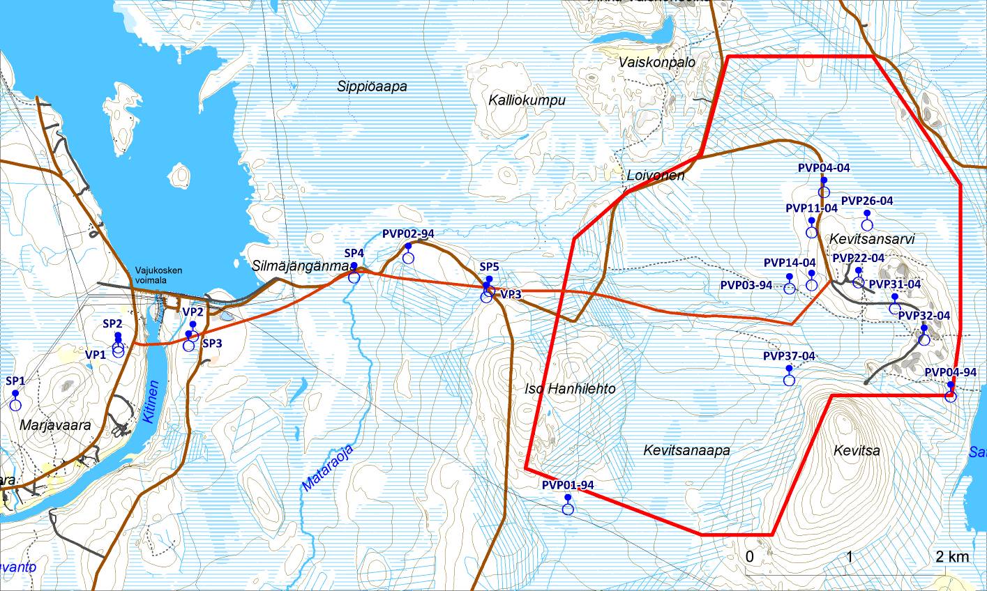 94(157) Kuva 9-15. Kevitsan kaivosalueen pohjavesiputket. Suurin osa kaivosalueelle asennetuista pohjavesiputkista on tuhoutunut. Pohjavesinäytteiden analyysitulokset on esitetty liitteessä 3.